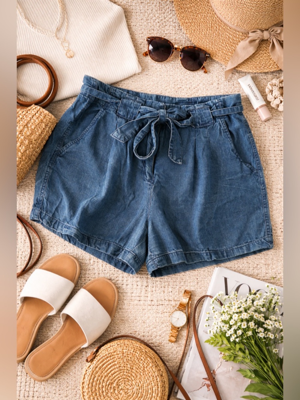 Max Jeans Chambray Paperbag Shorts Size 10 Tencel Tie Waist Soft Denim Shorts